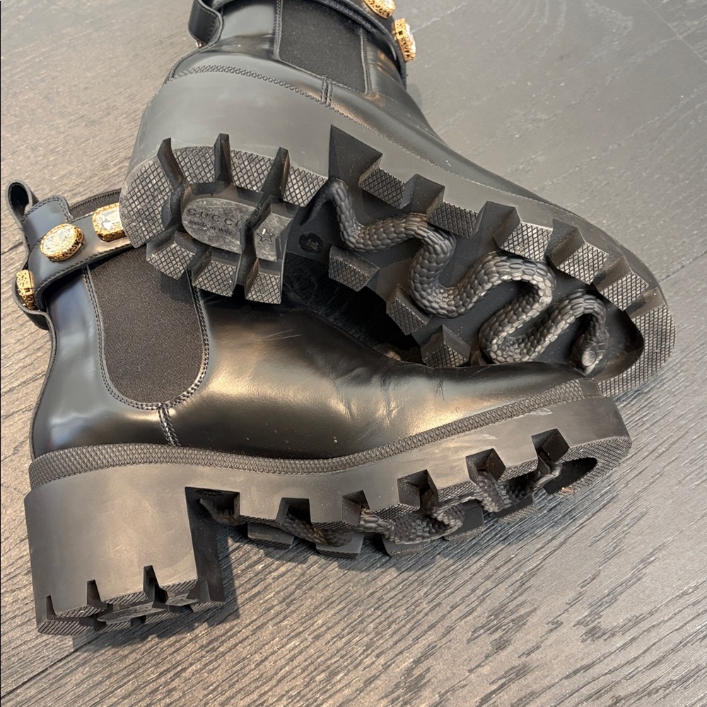 Gucci Black Ankle Boots with Gold Accents - Picture 4 of 7